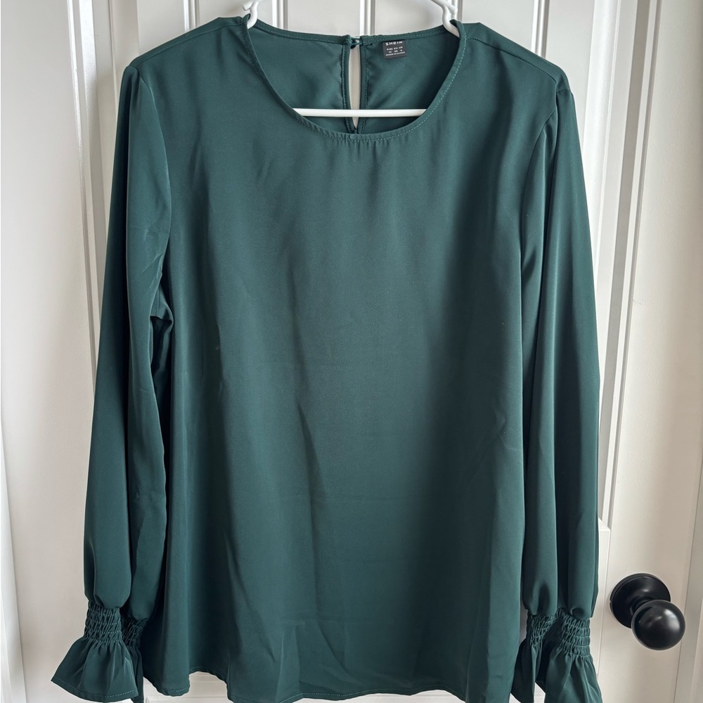 SHEIN Deep Green Blouse with Smocked Sleeves